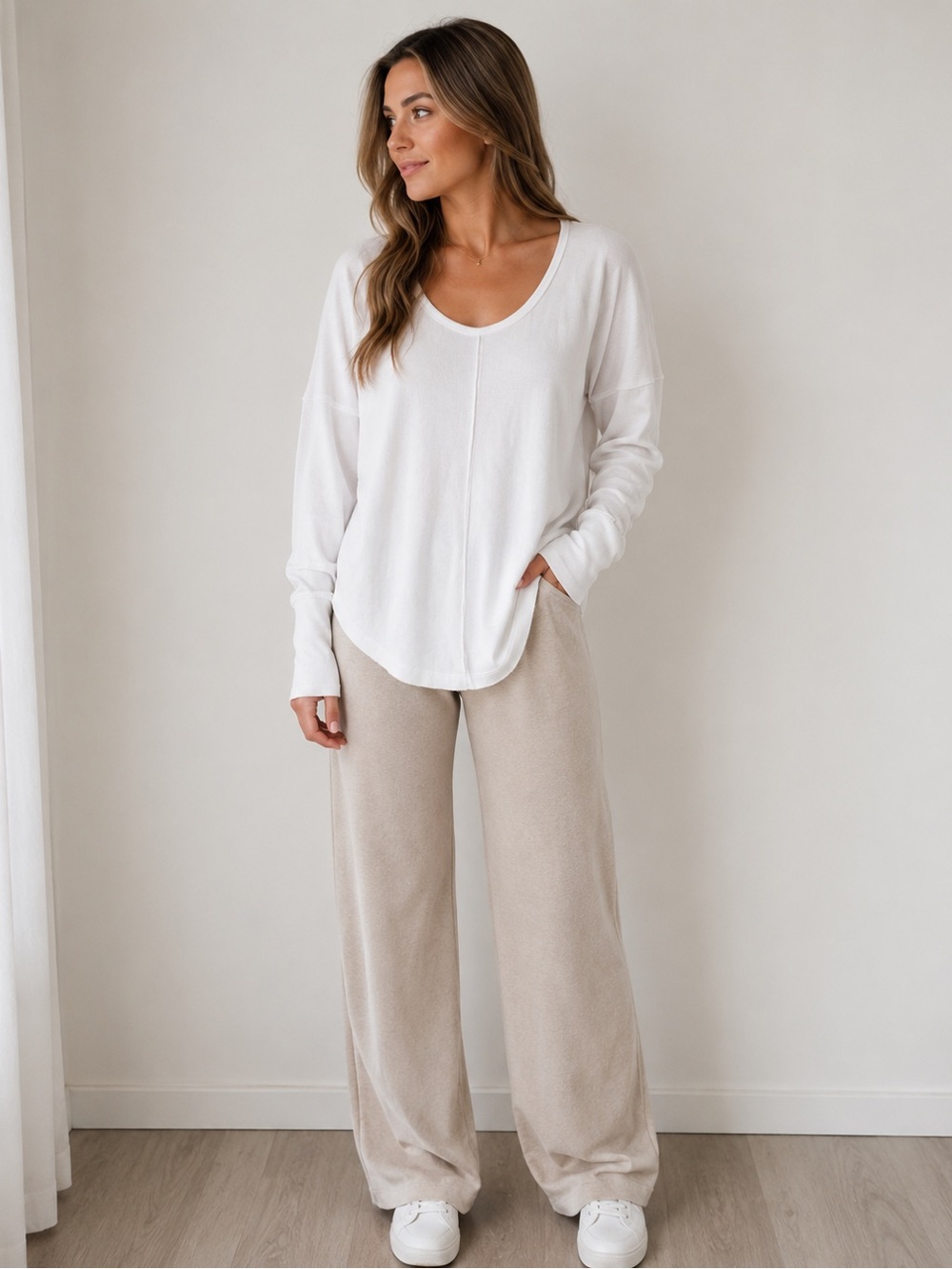 Lucky Brand Soft Off White Waffle Knit Long Sleeve Top Size L